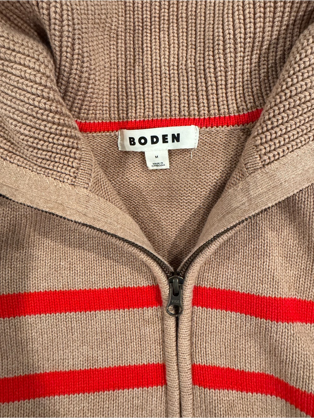 Boden Half Zip Pullover Sweater, Camel Melange with Red Stripes - Picture 5 of 6